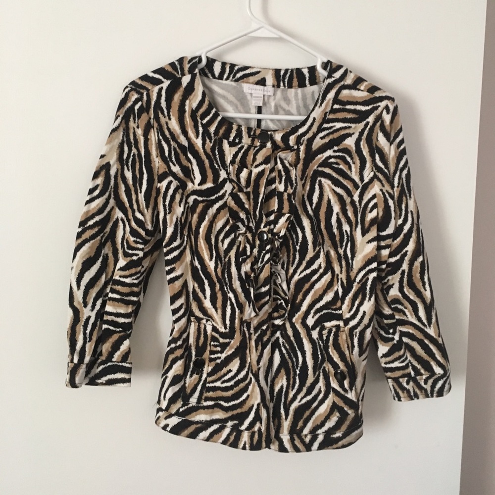 Animal print jacket, ruffled front, 3/4 sleeves